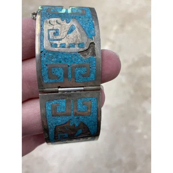 Mexico 925 Sterling Silver Crushed Turquoise Inlay Greek Key Bracelet READ
